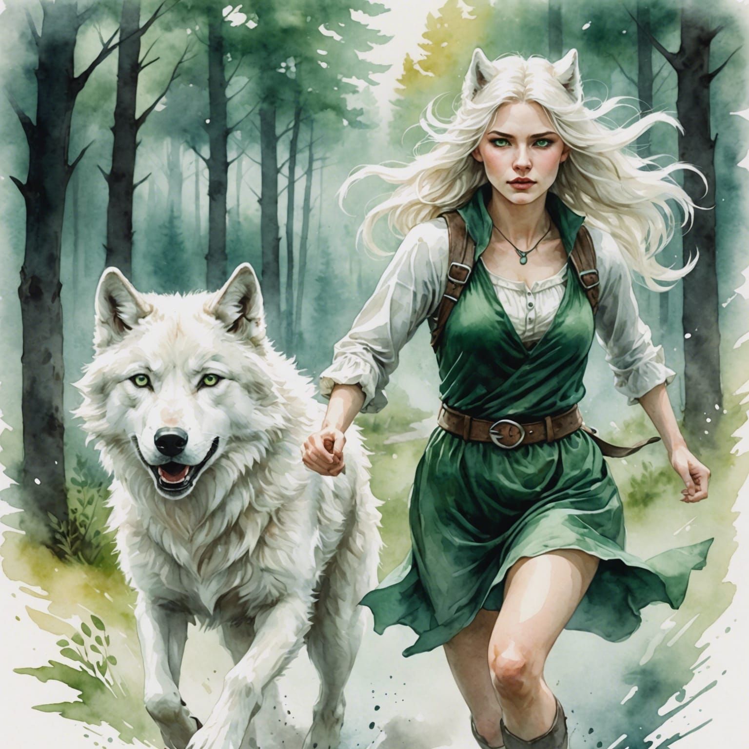Wolf Woman Running with White Wolf in Watercolor