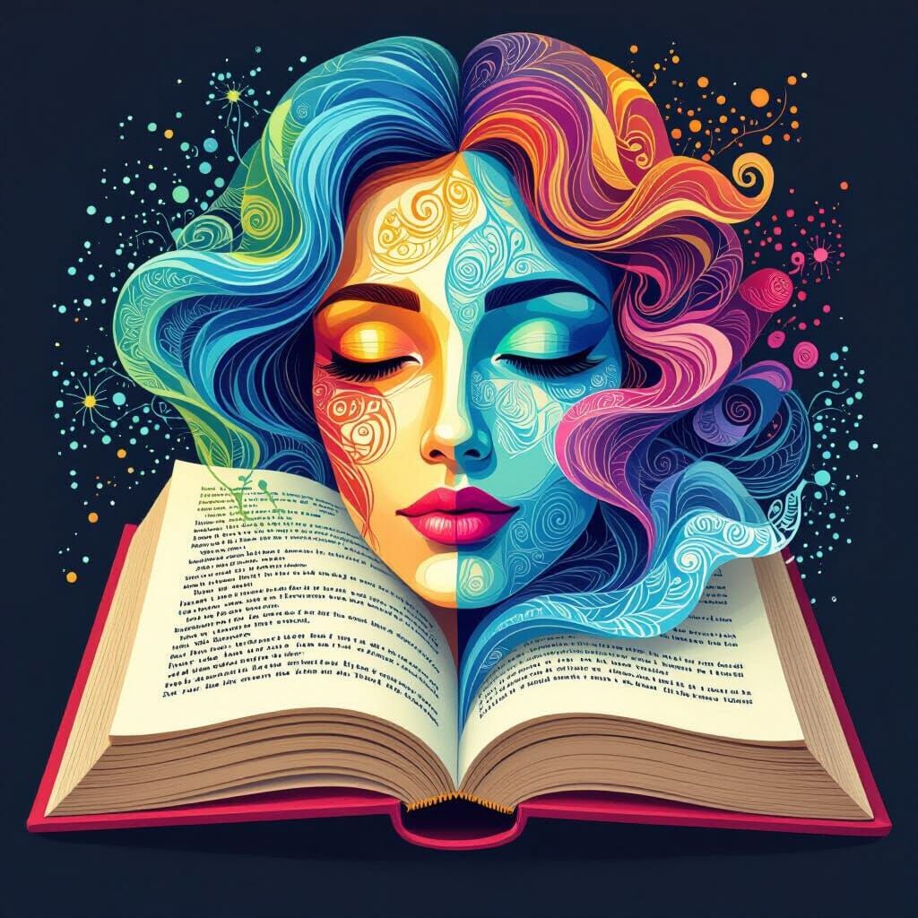 Colorful Woman's Face Emerging From Open Book, Abstract Art