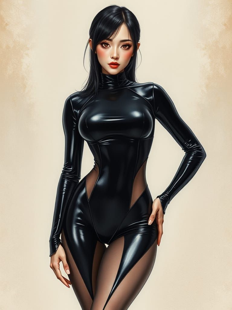 Japanese Woman in Latex Bodysuit: Futuristic Charcoal Art