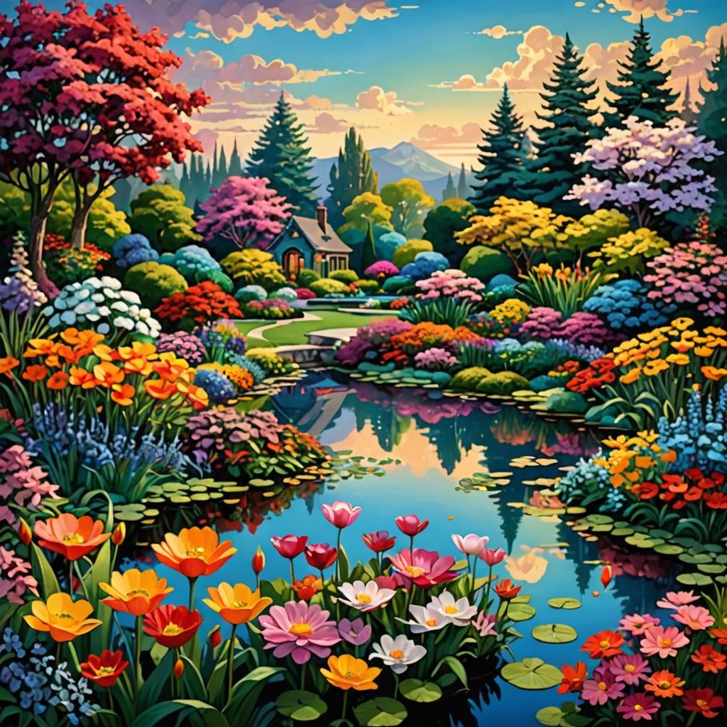 Dreamlike Garden with Vibrant Flowers in Pop Art Style