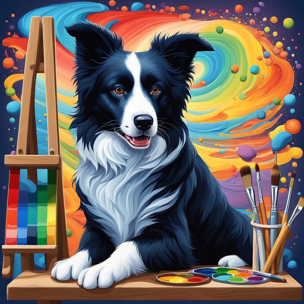 A cute and adorable Border Collie wearing overalls. He is pa...