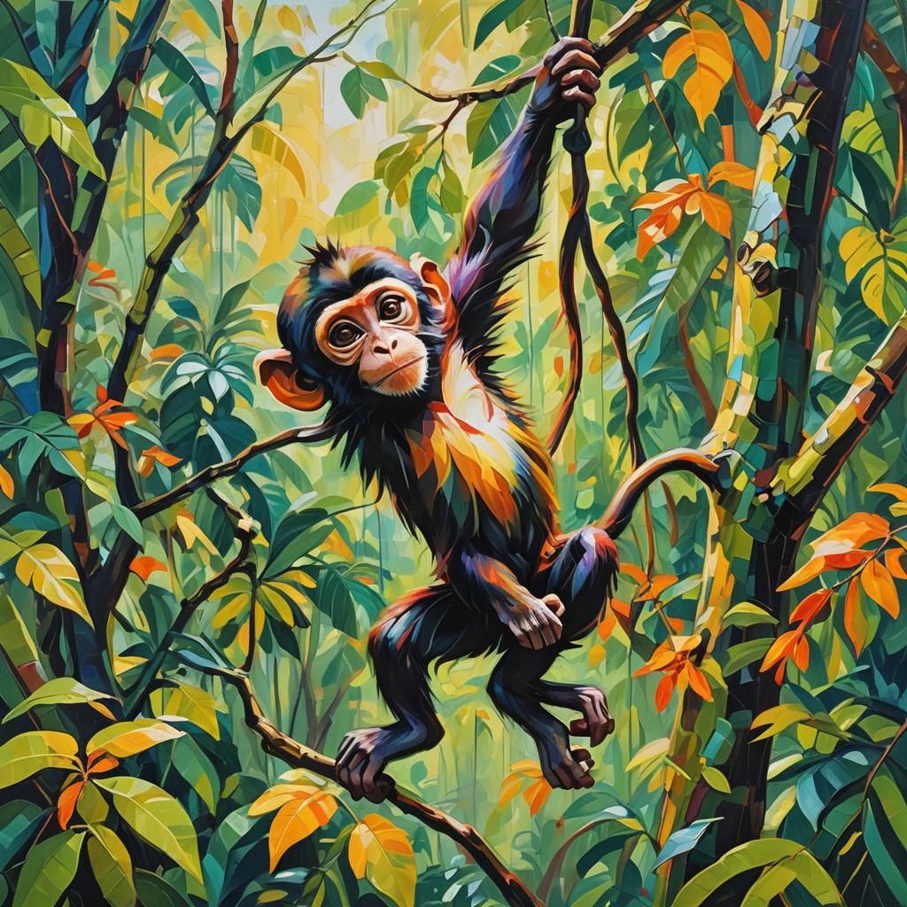 Baby Monkey in Rainforest: Fauvist Oil Painting