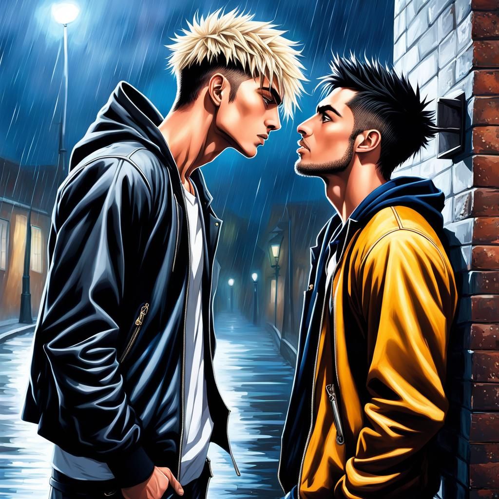 Anime-Style Painting of Two Youths About to Kiss