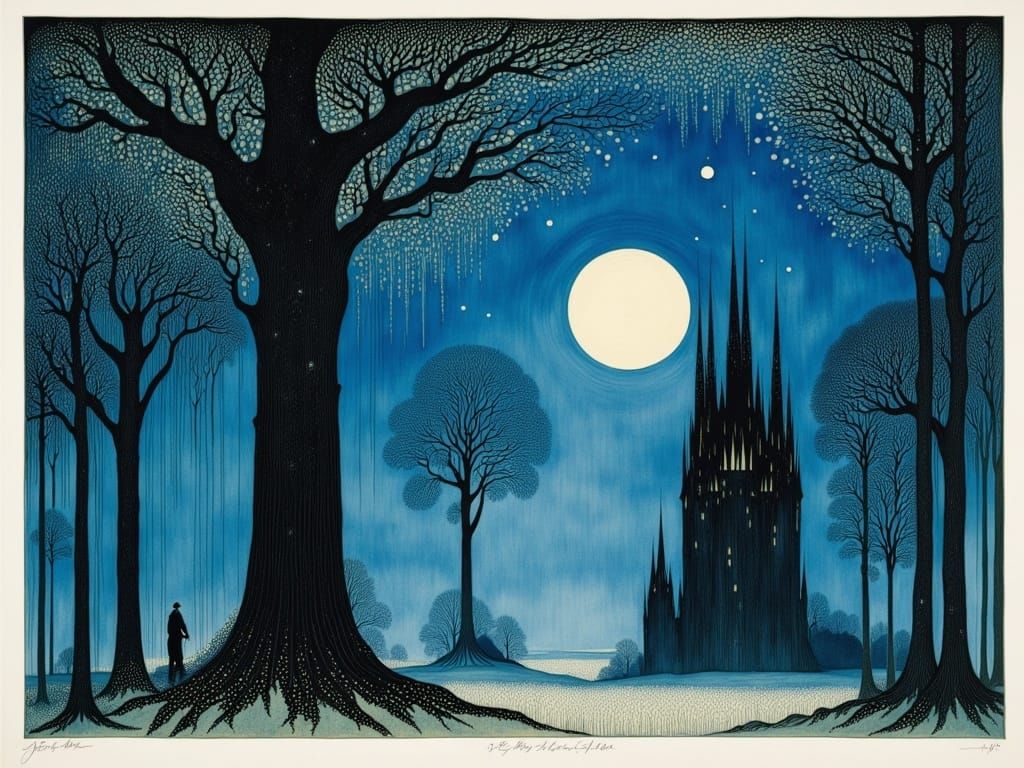 Mysterious Night Scene in Enchanted Worldly Style