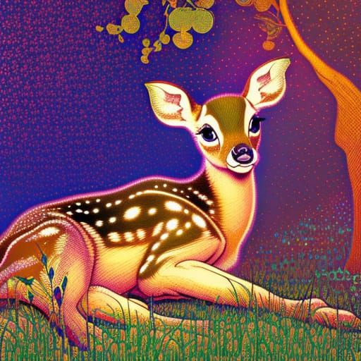 Speckled Fawn in Grassy Field with Sparkles