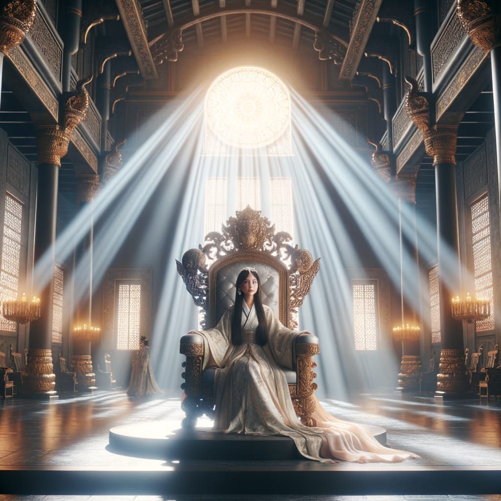 Asian Princess in Regal Throne Room Basks in Radiant Sunligh...