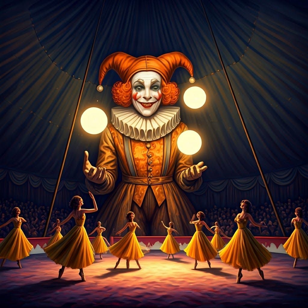 Colossal Jester in Vibrant Circus Scene