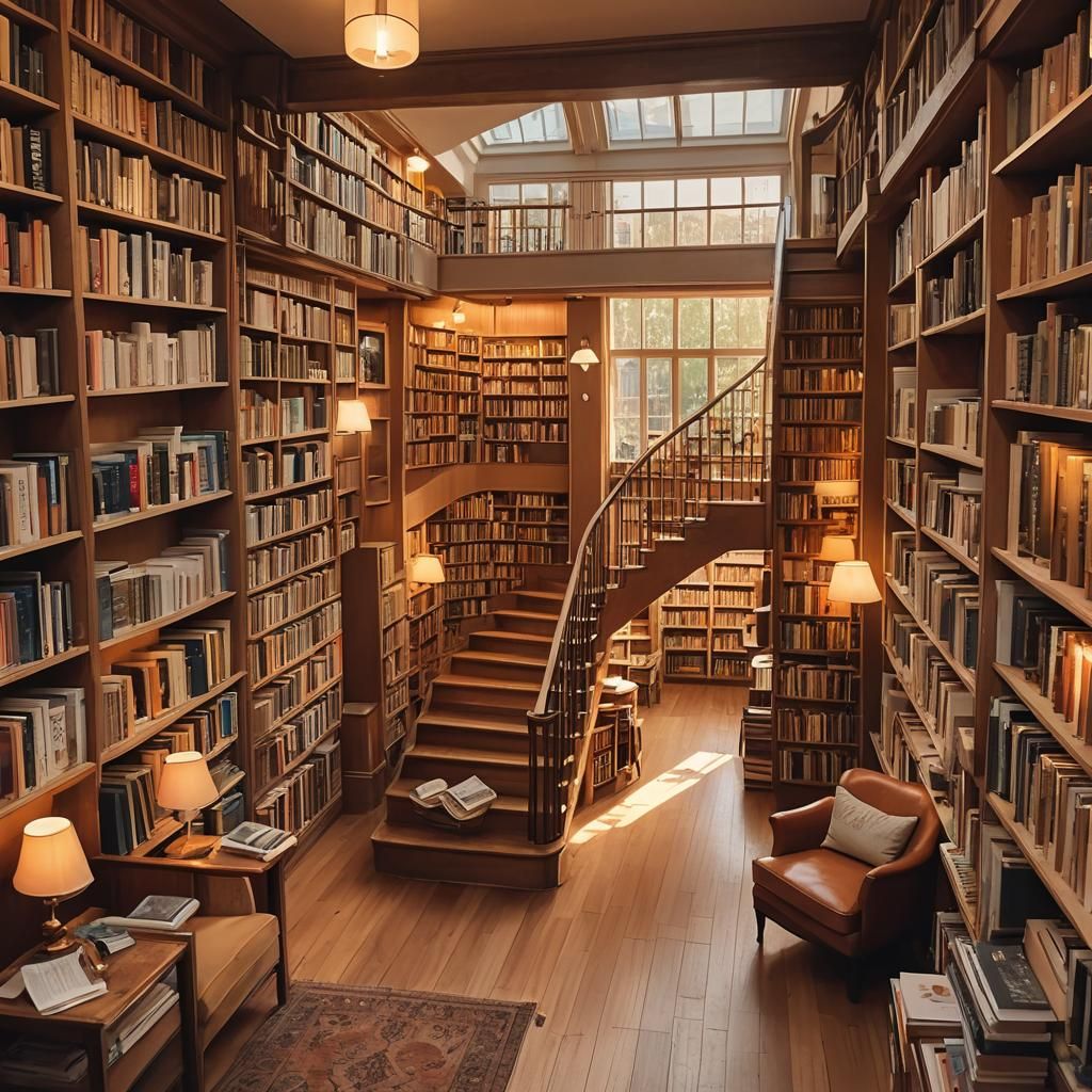 Dreamy Bookstore Interior in Watercolor Style