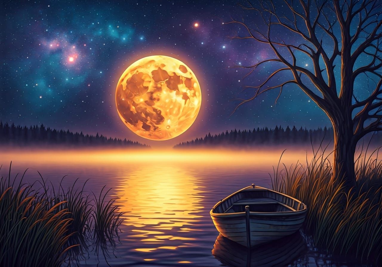 Desolate Nocturnal Scene with Blood Moon in Watercolor