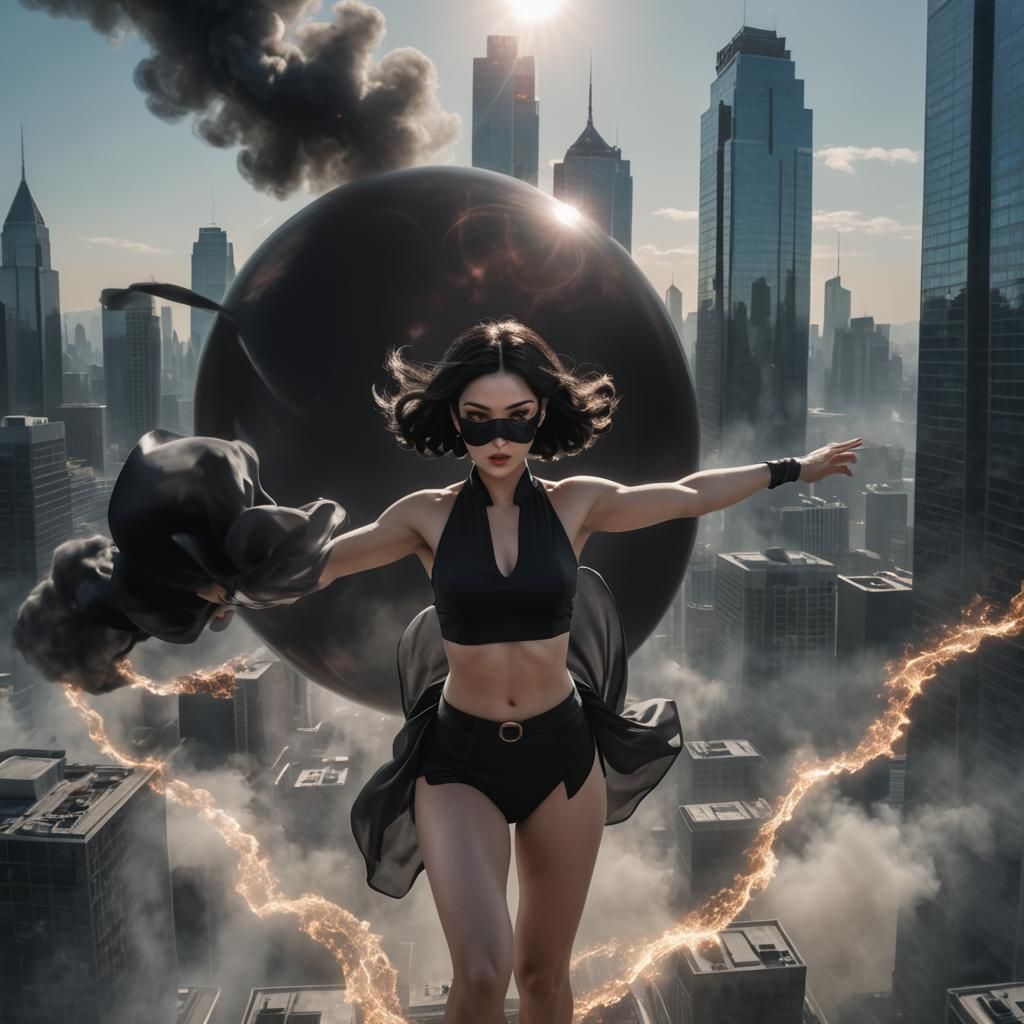 Pale Woman Floating in City with Black Smoke