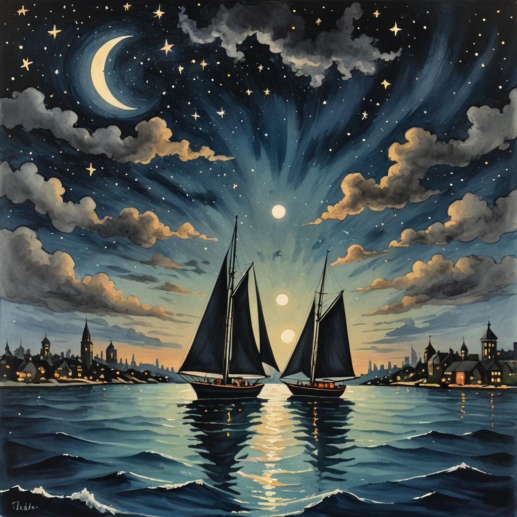 Sailboat Silhouetted at Night in Gouache Style