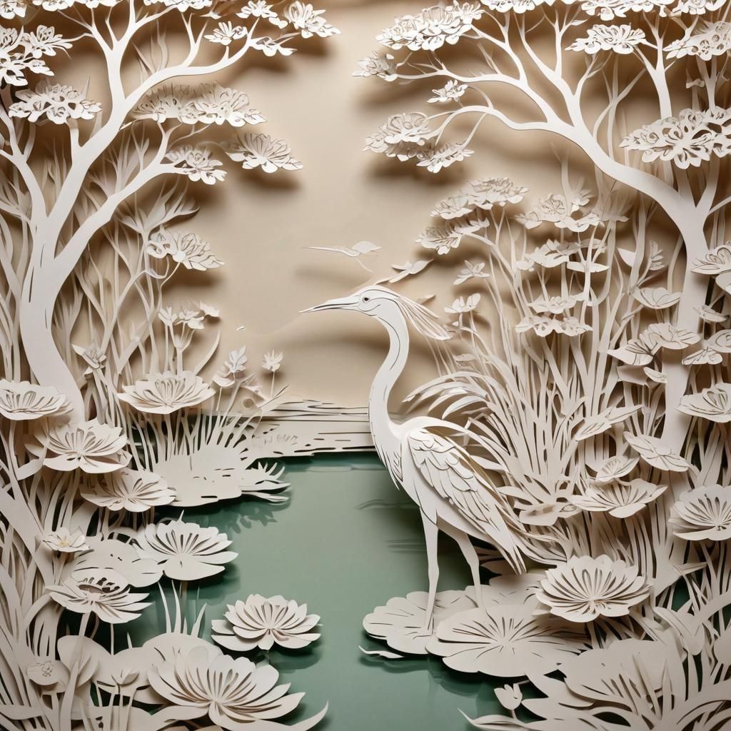 Chinese Landscape with Herons in Lotus Pond, Paper Art