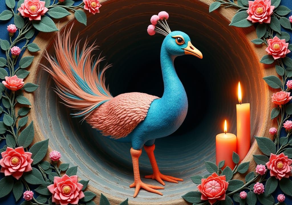 Hyperdetailed Felted Peacockerel in Steamnoirnouveau Style