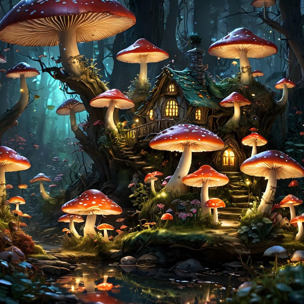 Mushroom Fairy Village at Night in Vibrant Colors