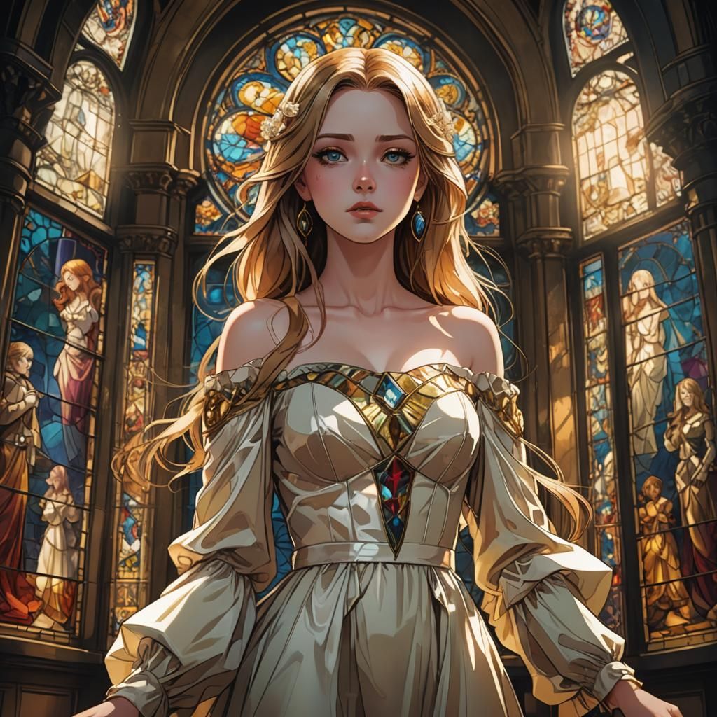 Tired Woman with Golden Hair in Anime Style