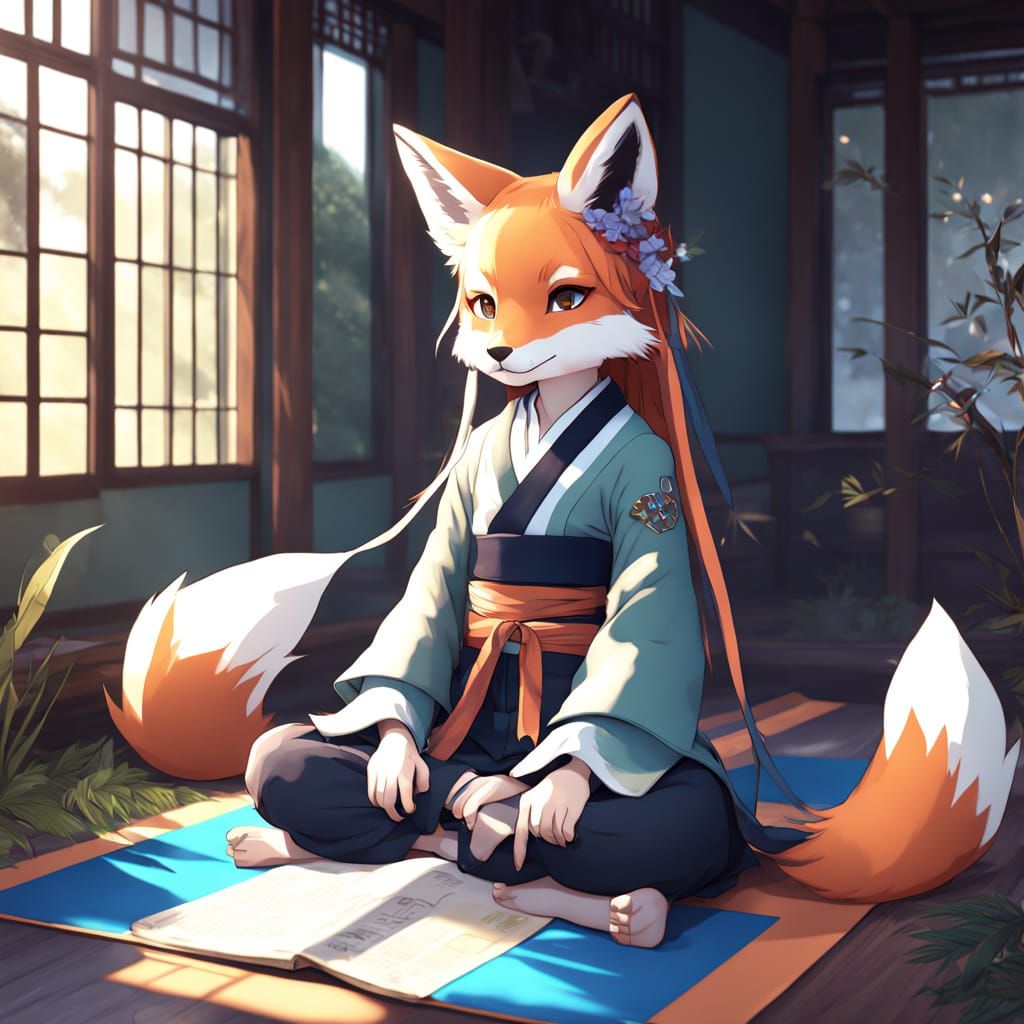 Fox Doing Yoga in Zen Garden, Anime Style