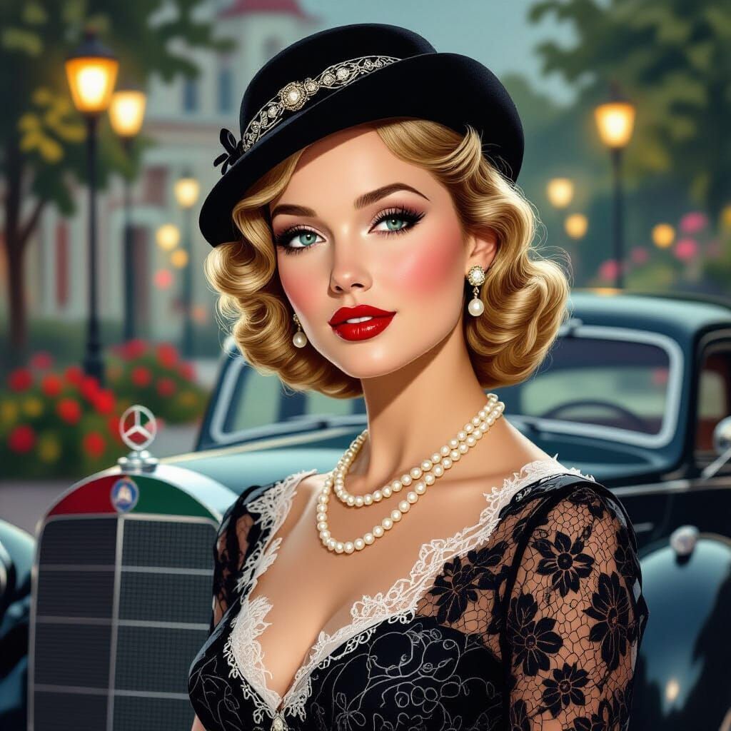 1930s Blonde Woman in Lace Dress With Mercedes