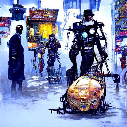 Cyberpunk Market Scene in Retro-Futuristic Style