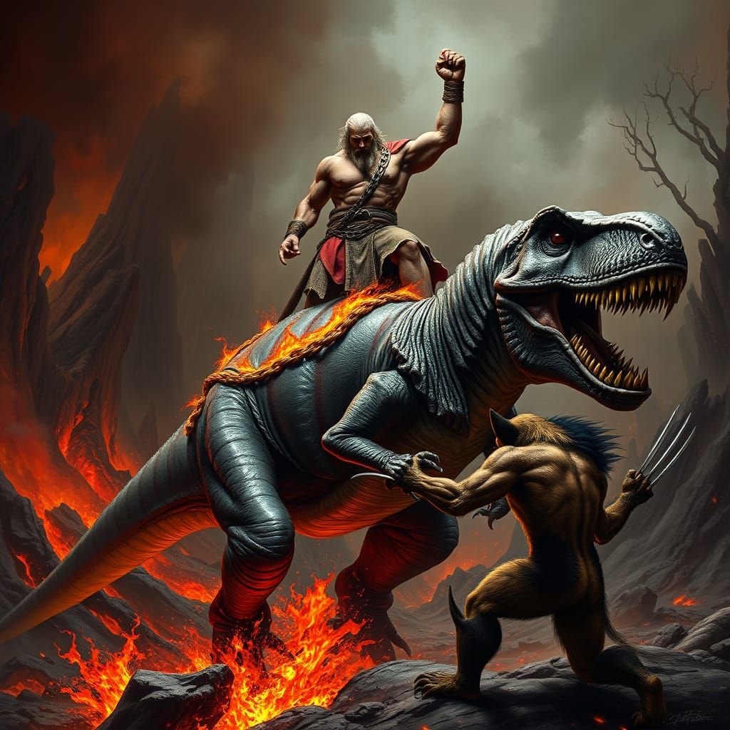 Kratos Confronts a Prehistoric Beast in a Hellish Landscape