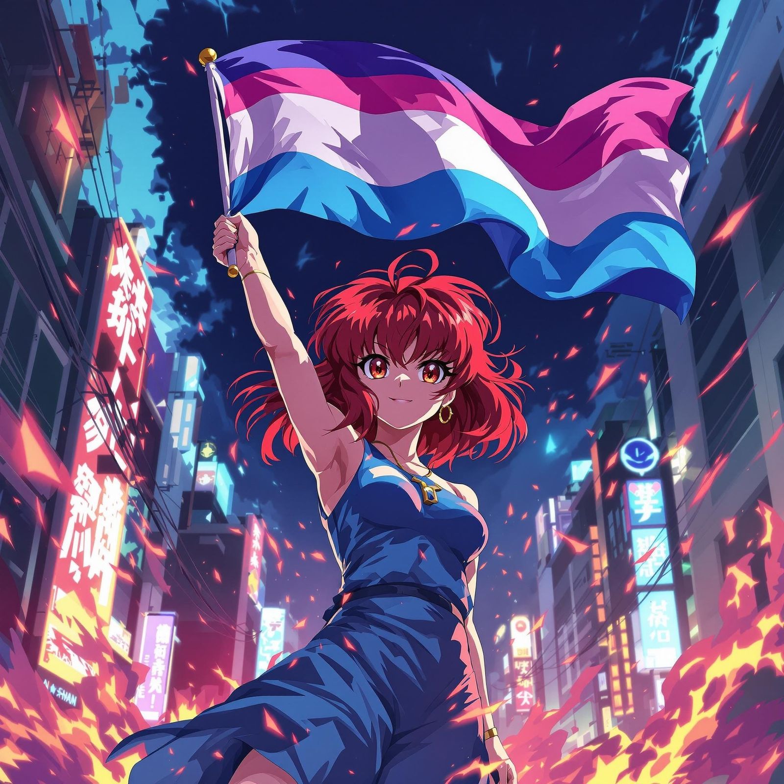 The character Ranma from Ranma 1/2 waving a trans pride flag. (red hair).