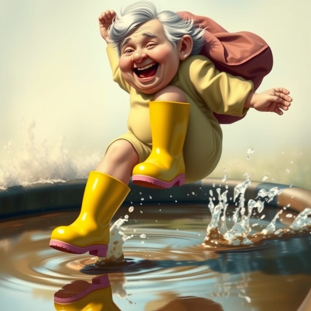 Joyful Elderly Woman in Bright Boots Splashes in Puddle