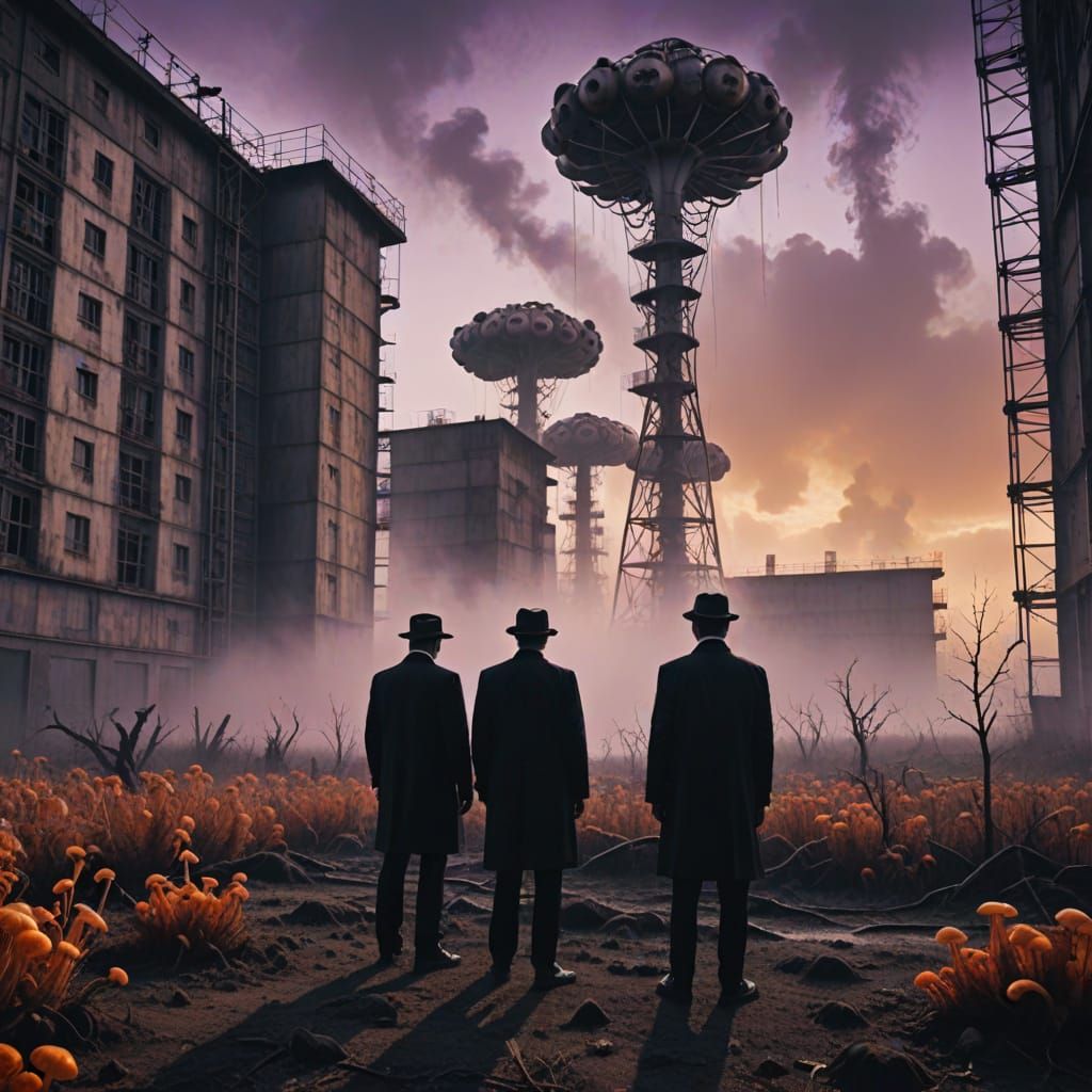 Surreal Men in Black at Chernobyl, Dali Inspired