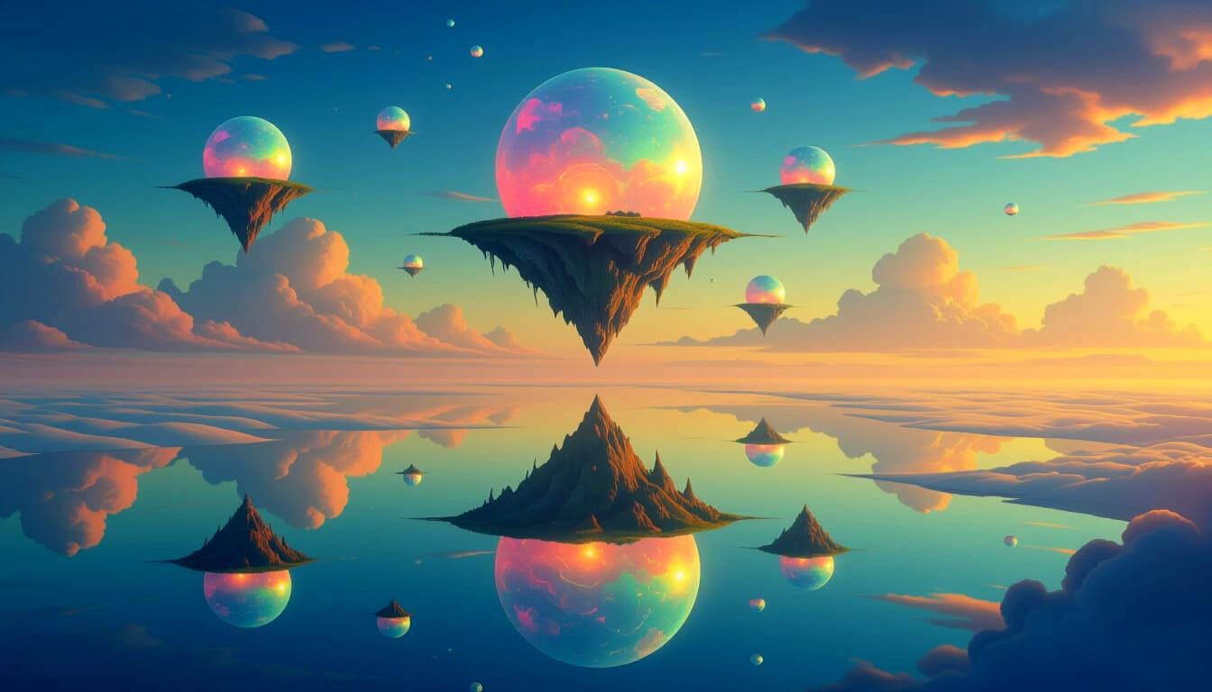 Surreal Mirrored Landscape with Floating Islands