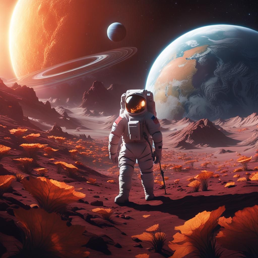 Astronaut Plants Flag on Ringed Gas Giant