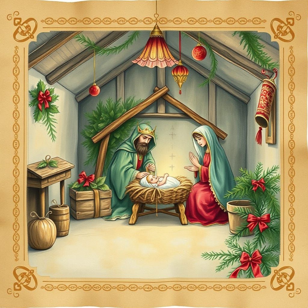 Vintage Irish Christmas Scene, Illuminated Watercolor