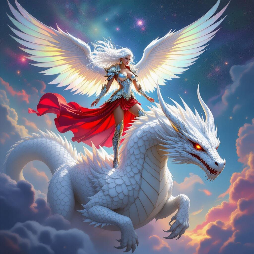 Celestial Warrior on Dragon in Cosmic Art Nouveau