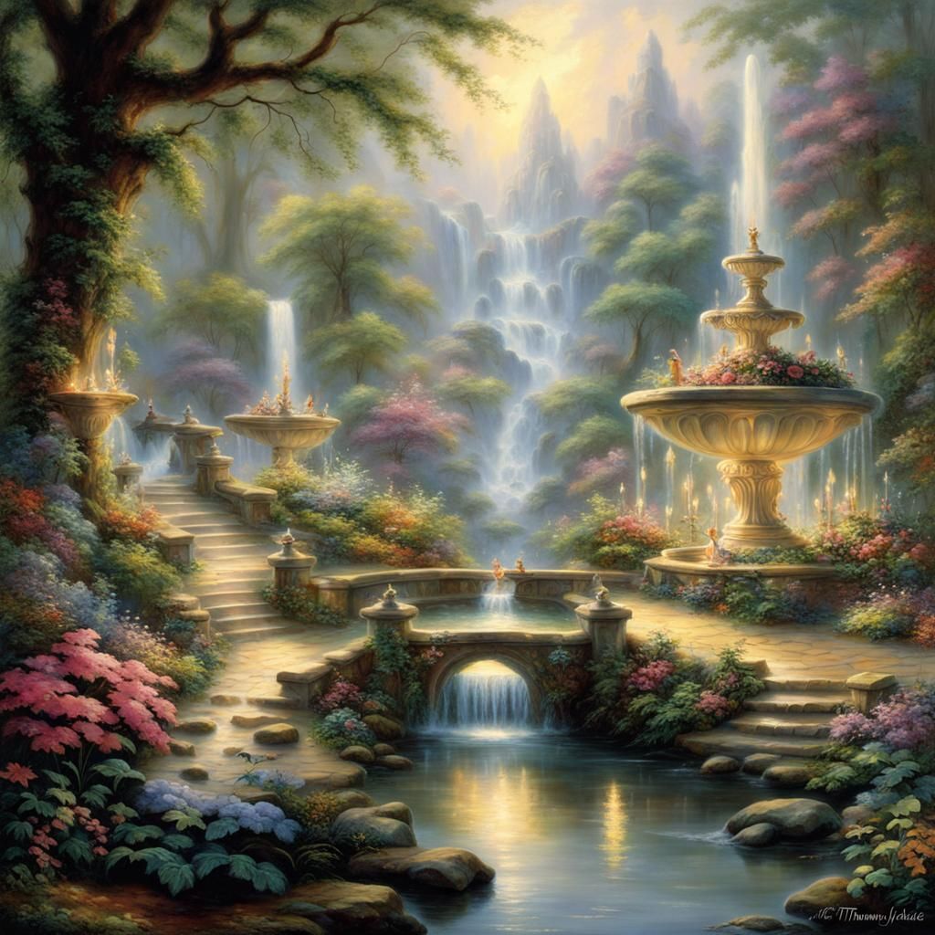 Enchanting Fairy Forest with Water Fountains in Kinkade Styl...