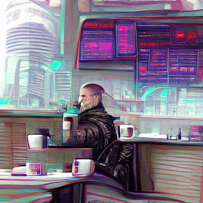 Cyberpunk Detective at Diner in Futuristic City