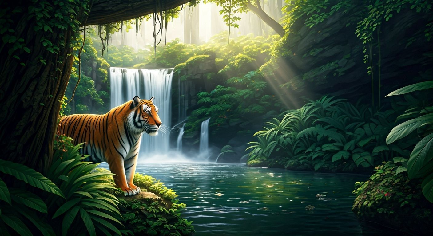 Bengal Tiger in Lush Jungle Grotto