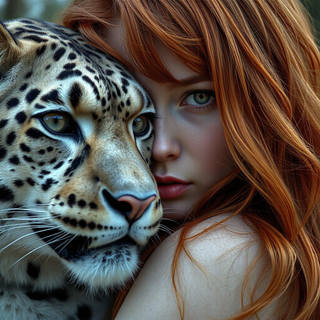 Redhead Woman and Snow Leopard in Detailed Digital Art