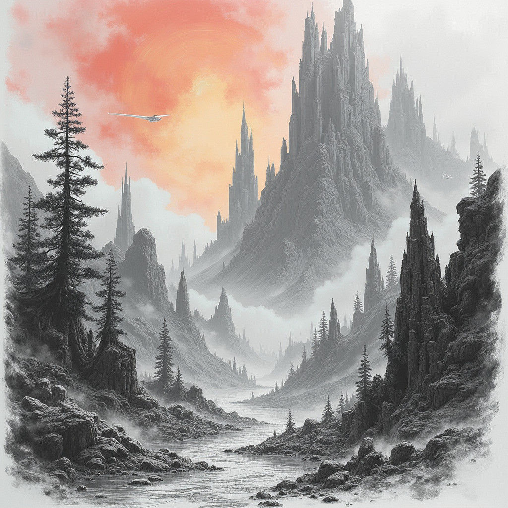 Detailed Pencil Sketch: Fantastical Sci-Fi World