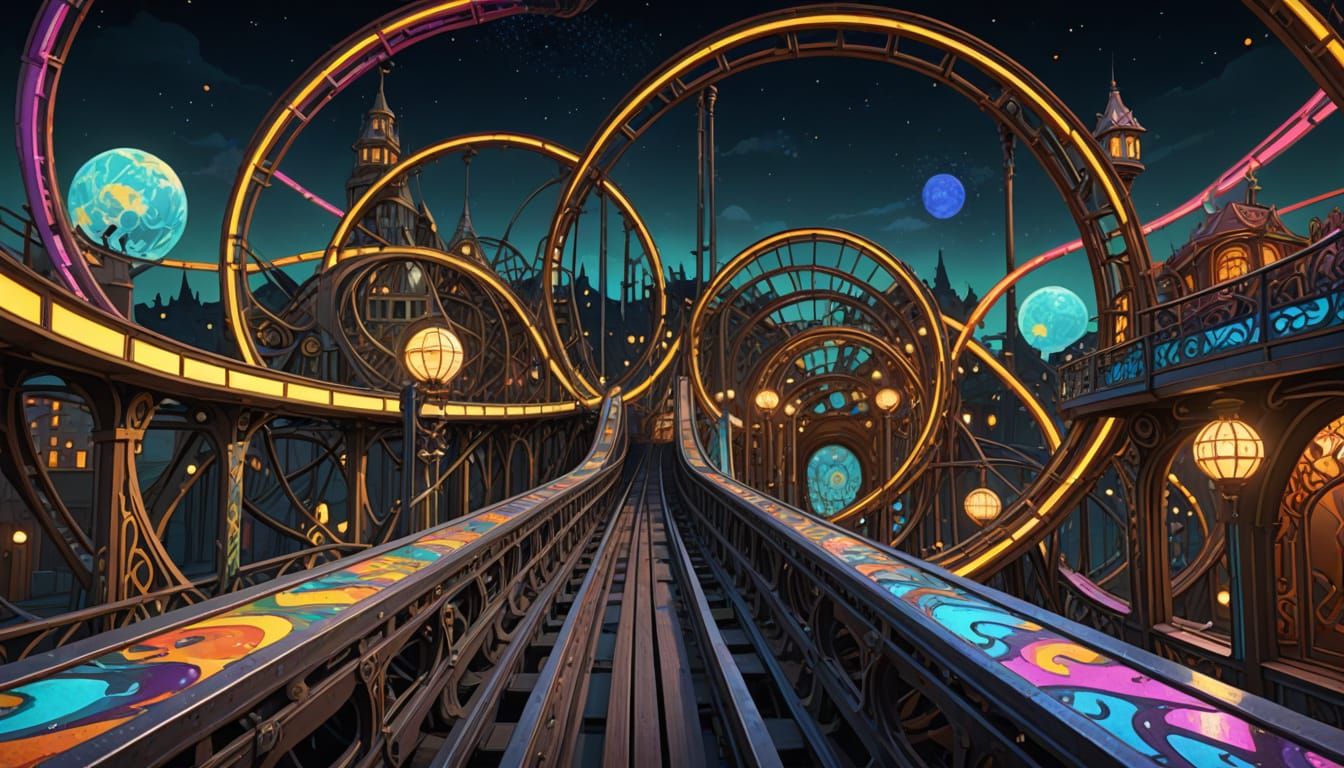 Epic Art Nouveau Roller Coaster in Vibrant, Polychromatic Gr...