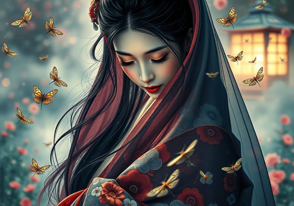 Bride in Kimono: Watercolor and Ink Japanese Garden