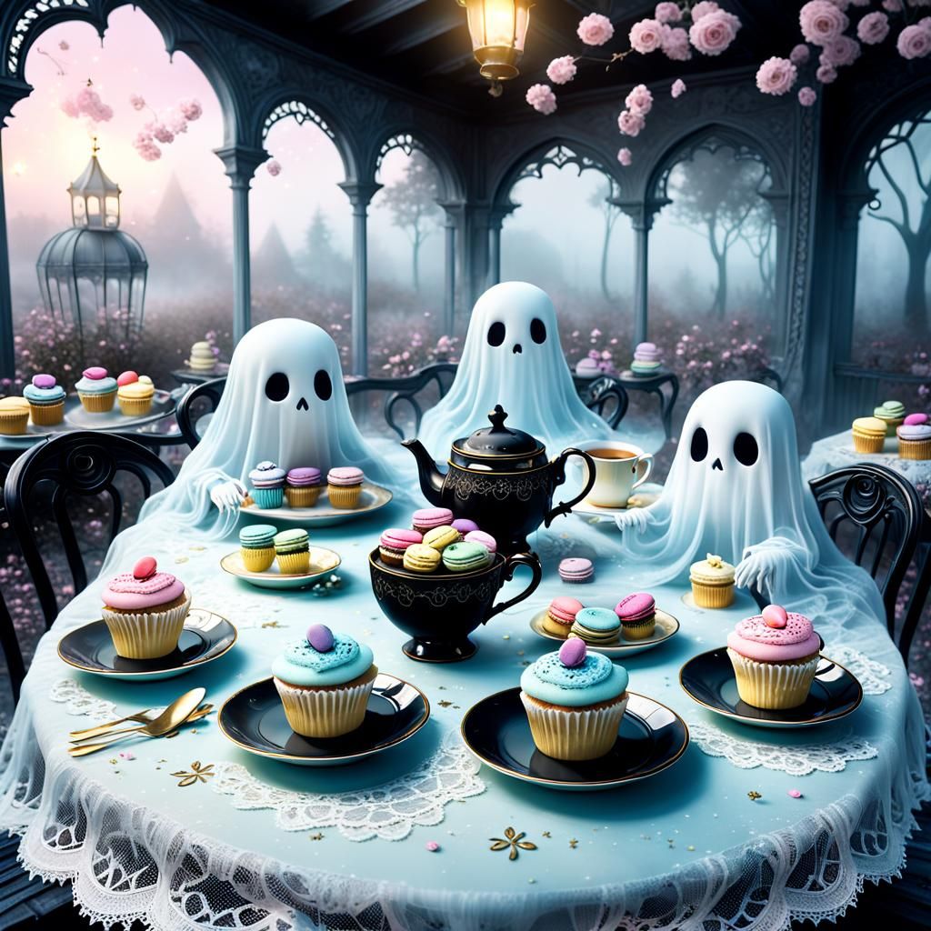 Cute Ghost Tea Party in Pastel Goth Garden