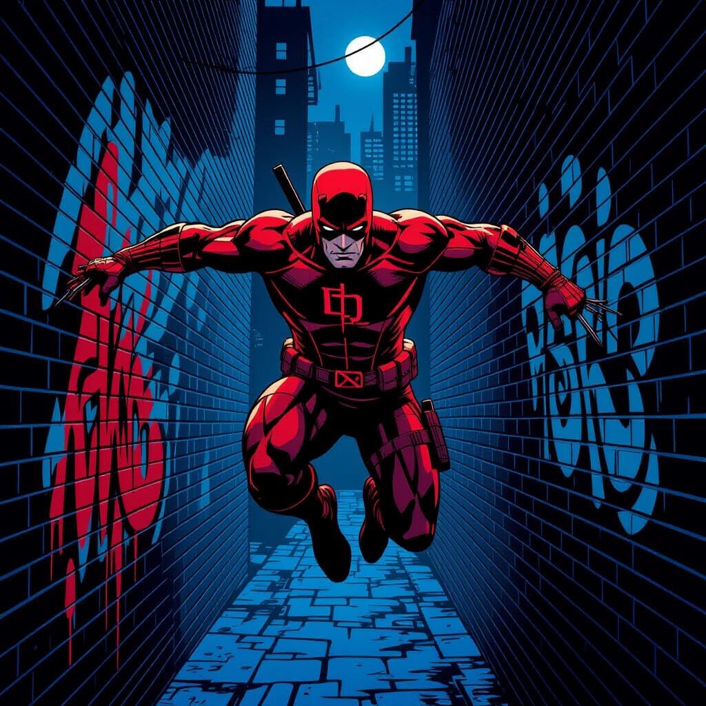 Daredevil Ninja in Red Suit in Gritty Alleyways at Night