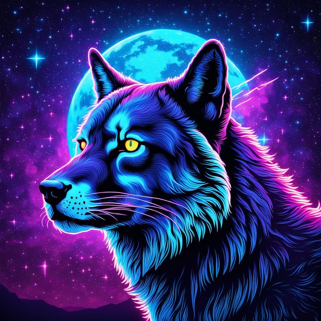 Neon Star Wolf in Synthwave Style