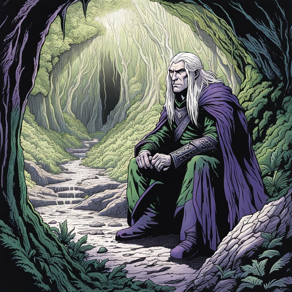 Drizzt Do'Urden in Forest Cave Illustration