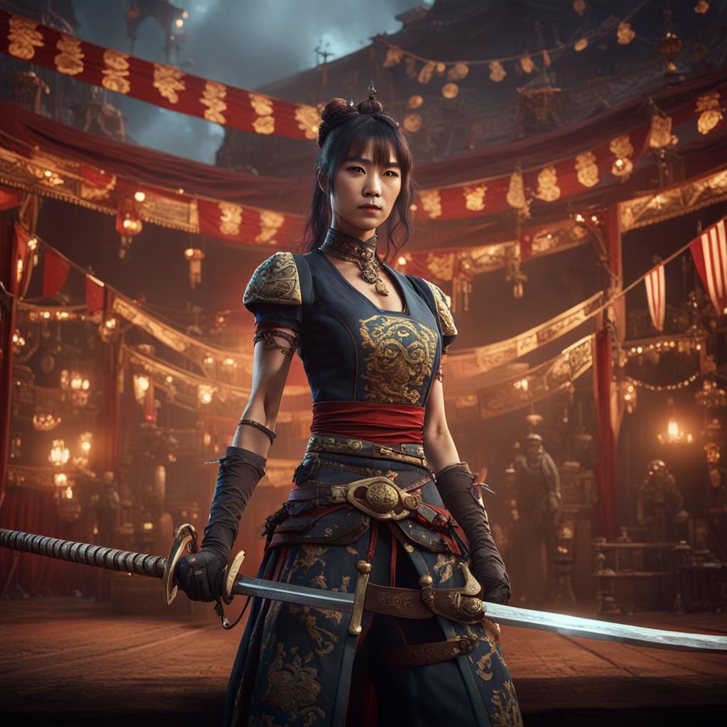 Attractive female Japanese sword wielder in tight revealing outfit slices objects in Old West circus setting. detailed m...