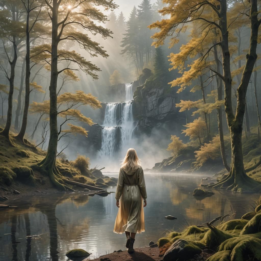 Hyperrealistic Woman Emerges from Misty Forest