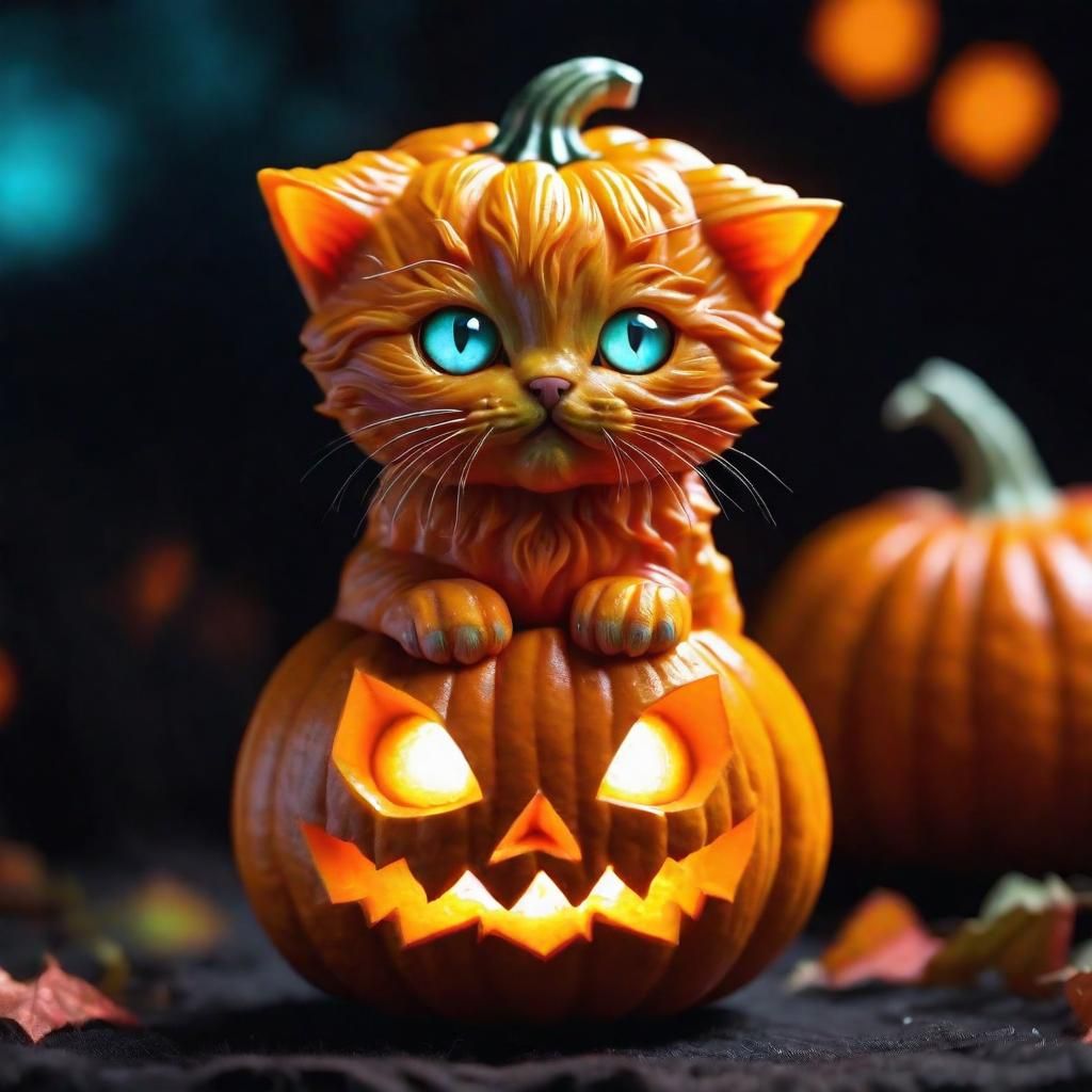 Adorable Pumpkin Kitten in Halloween Style