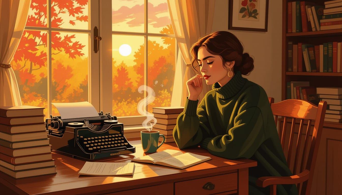 Cozy Autumn Office Serenity with Golden Light