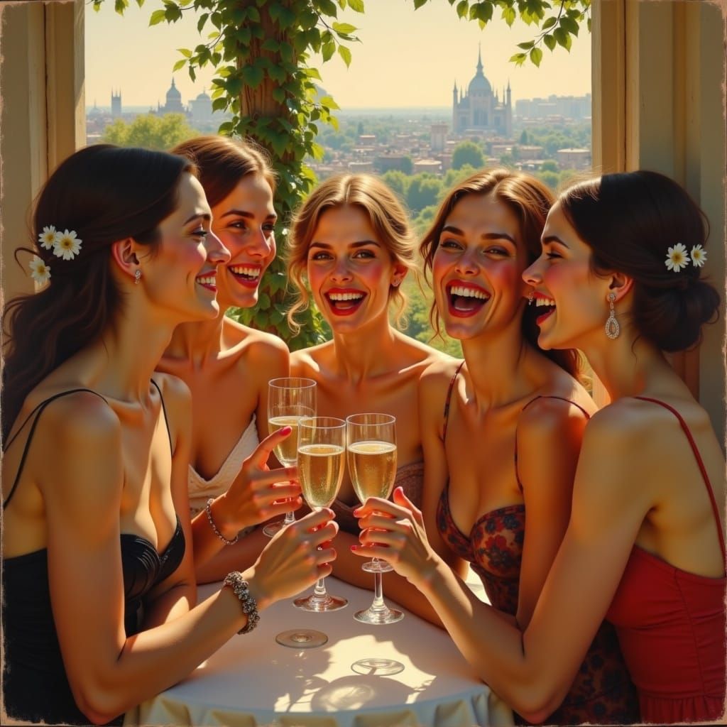 Wealthy Youth Celebrate on Balcony in Golden Evening Light