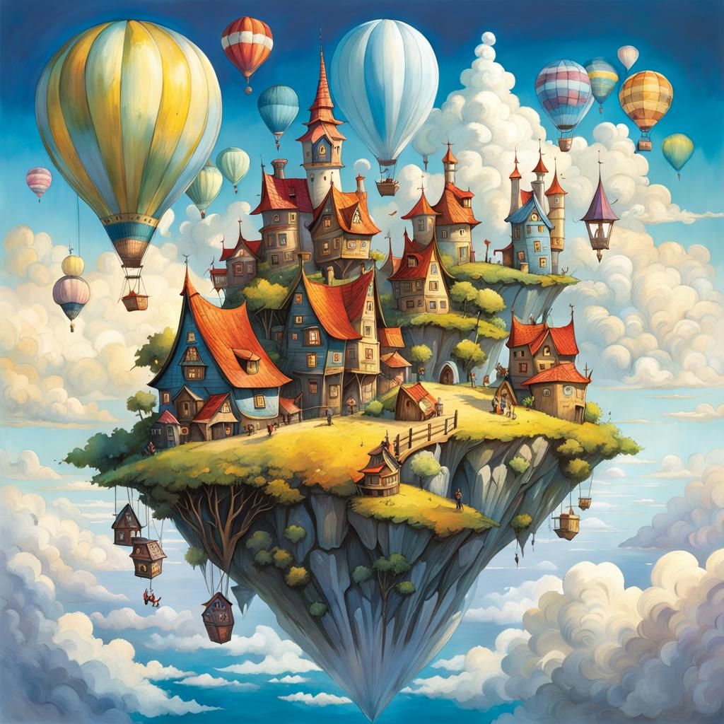 Whimsical Cloud Village Inspired by Storybook Art