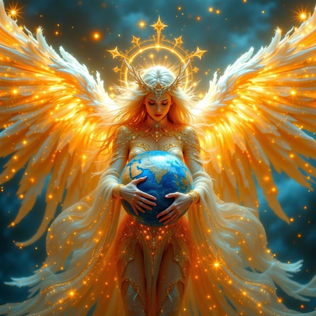 Star Angel Cradling Earth in Fantasy Style
