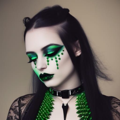 Ethereal gothic young lady with long black hair& green eyes& smoky black eyeshadow very nicely neatly done& Black eyelin...