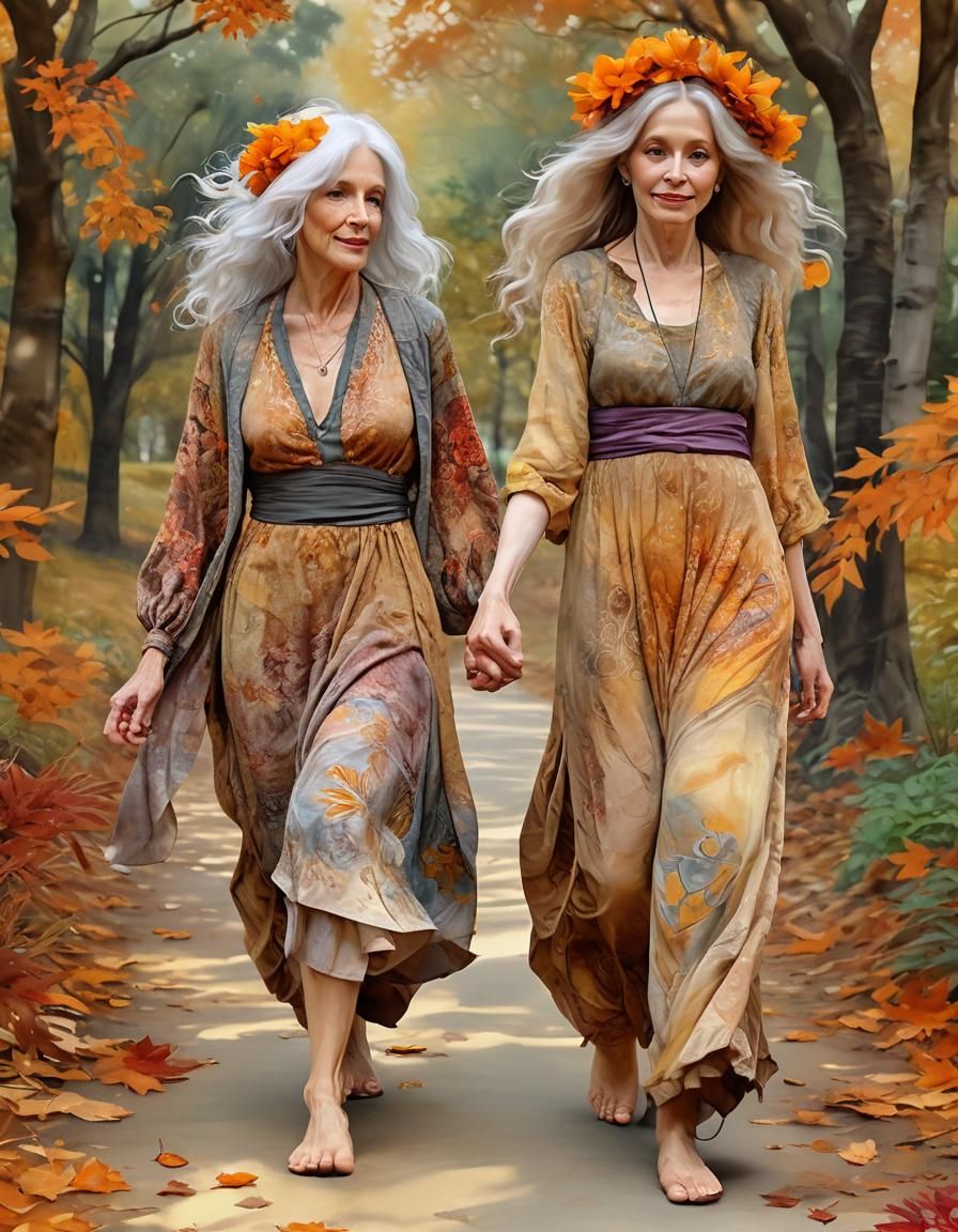 Lesbian Hippie Couple in Autumnal Park, Watercolour Art